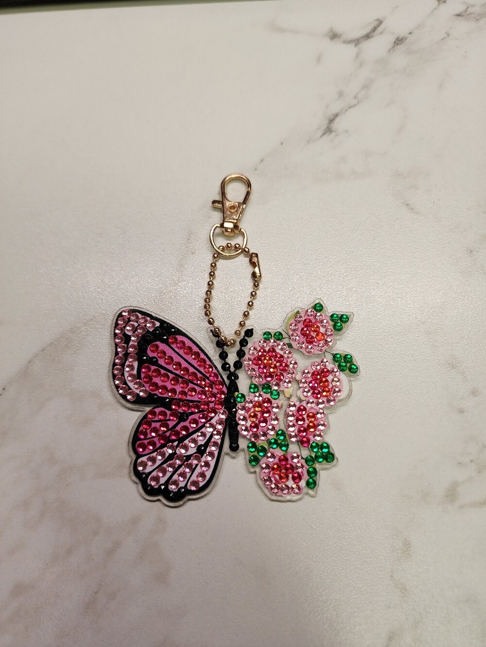 Pink Rhinestone Butterfly & Flower Keychain Charm with Gold Clasp
